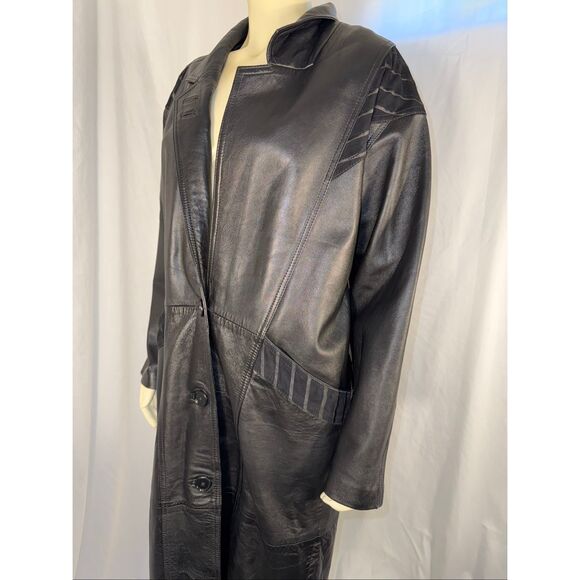 Vintage 1980s–1990s Excelled Genuine Leather Long Trench Coat – Black – Size S - Picture 13 of 16